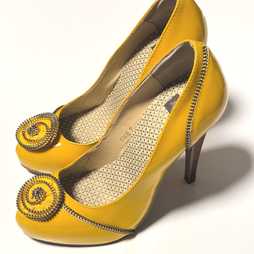 Nyla Yellow Faux Patent Leather Stiletto Heels with Zipper Flower Details